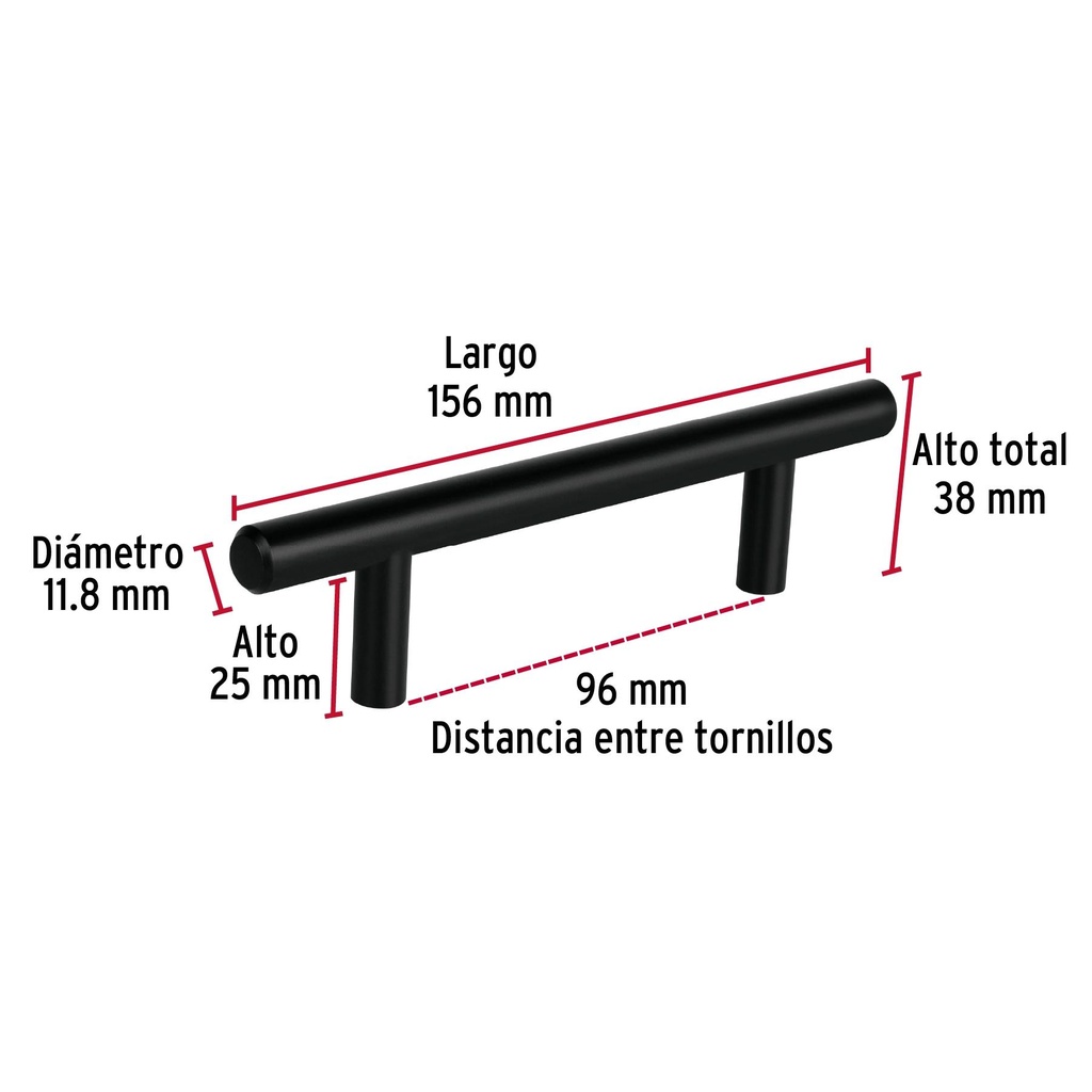 Jaladera de 96mm estilo 'Cilindro' acabado negro, Hermex