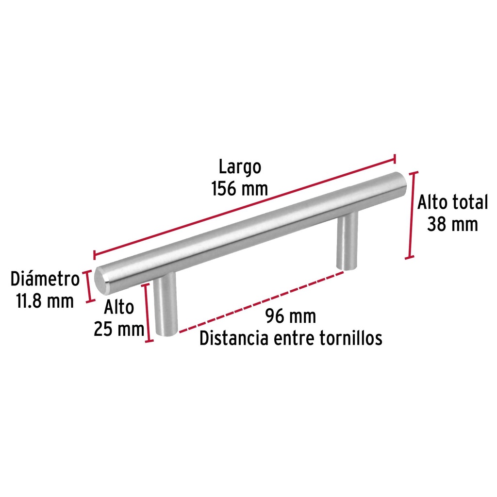 Jaladera de 96mm estilo 'Cilindro' acabado níquel satinado