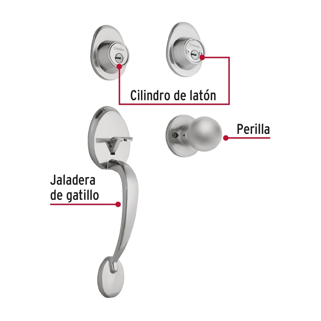 Jaladera, perilla y cerrojo llave-llave, cromo mate, Hermex