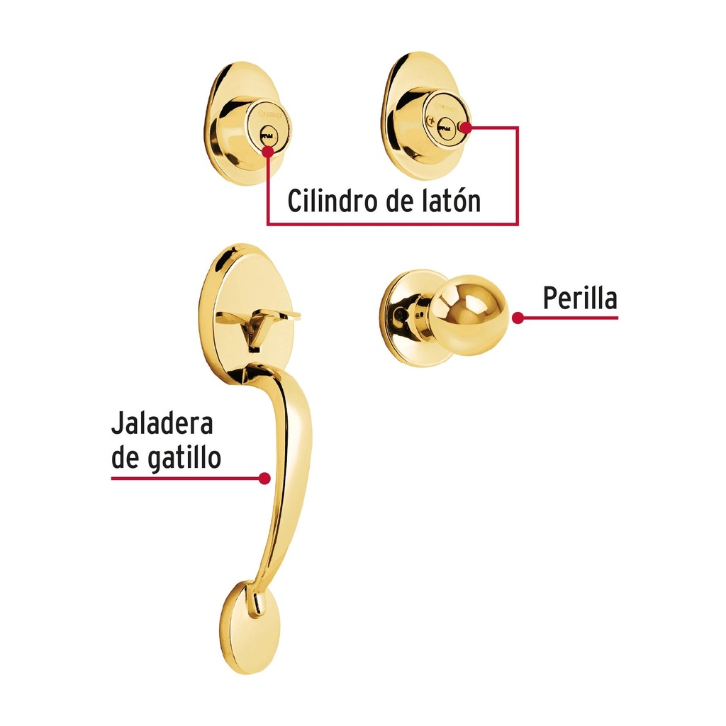 Jaladera, perilla y cerrojo llave-llave, latón brillante