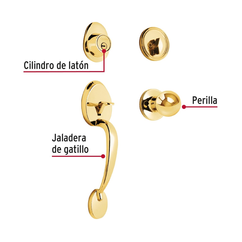 Jaladera, perilla y cerrojo llave-mariposa, latón brillante