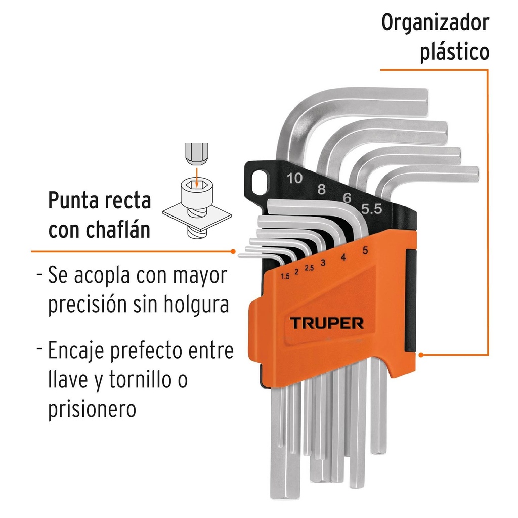 Juego 10 llaves allen mm punta hexagonal con organizador