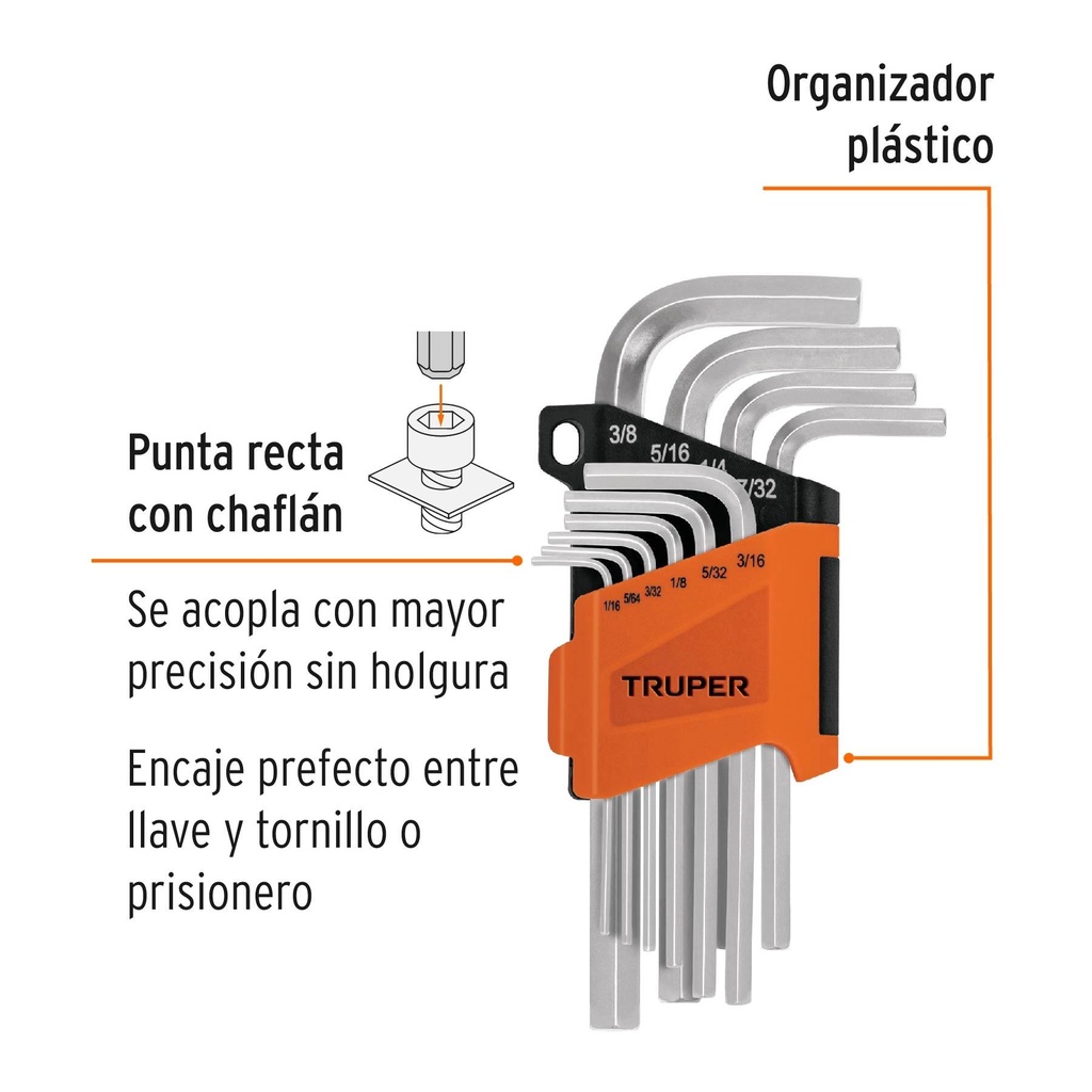 Juego 10 llaves allen std punta hexagonal con organizador