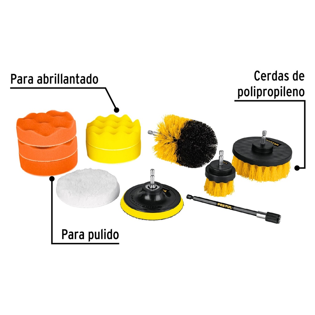 Juego 11 accesorios de limpieza y pulido p/taladro, Pretul