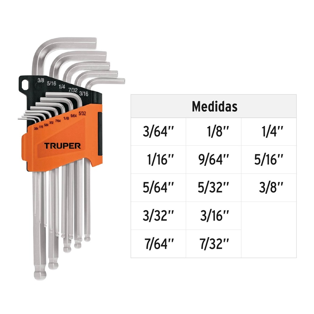 Juego 13 llaves allen largas std punta bola con organizador