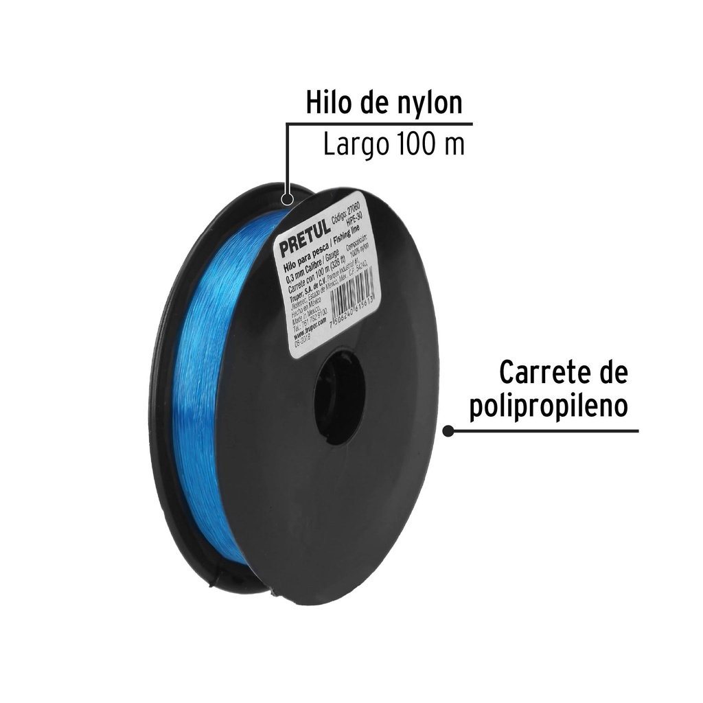 Carrete con 100 m de hilo para pesca azul calibre 0.30 mm