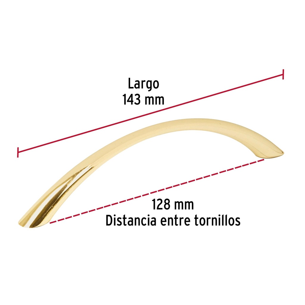 Jaladera de 128mm estilo 'Arco' acabado latón brillante