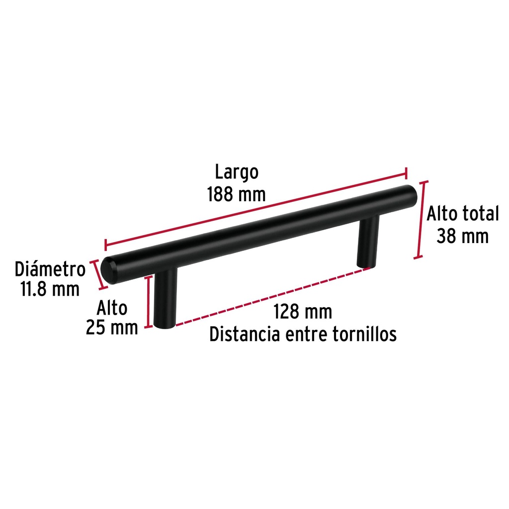 Jaladera de 128mm estilo 'Cilindro' acabado negro, Hermex