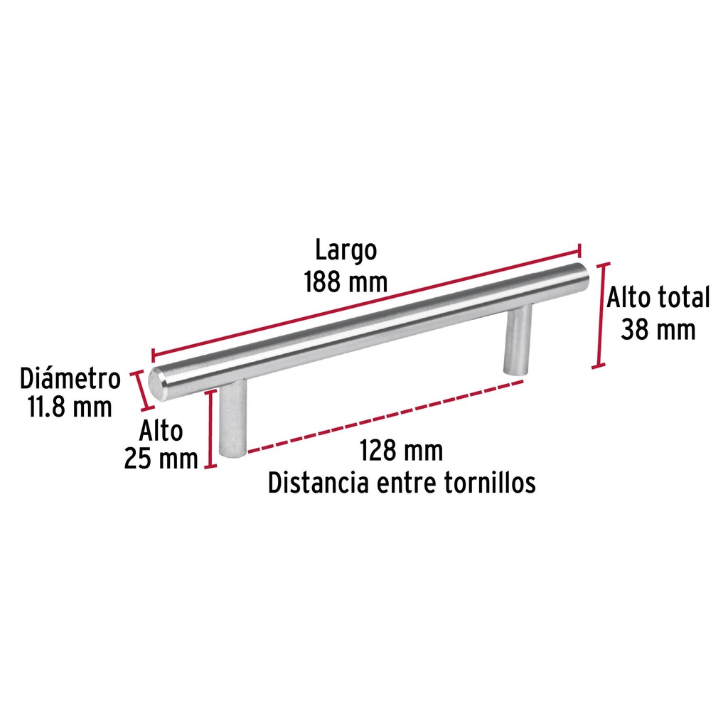 Jaladera de 128mm estilo 'Cilindro' acabado níquel satinado