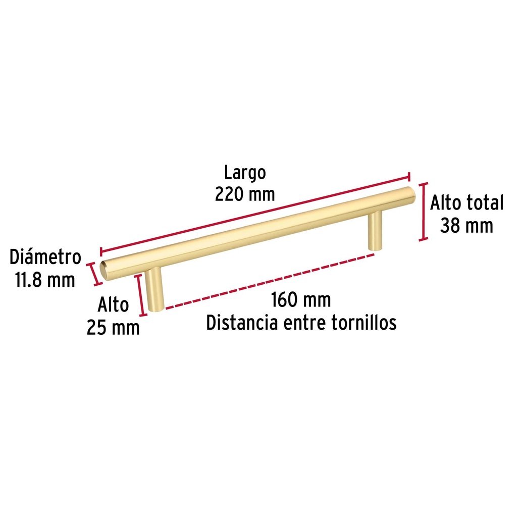 Jaladera de 160mm estilo 'Cilindro' acabado latón brillante