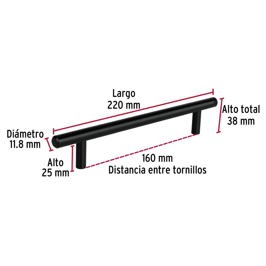 Jaladera de 160mm estilo 'Cilindro' acabado negro, Hermex