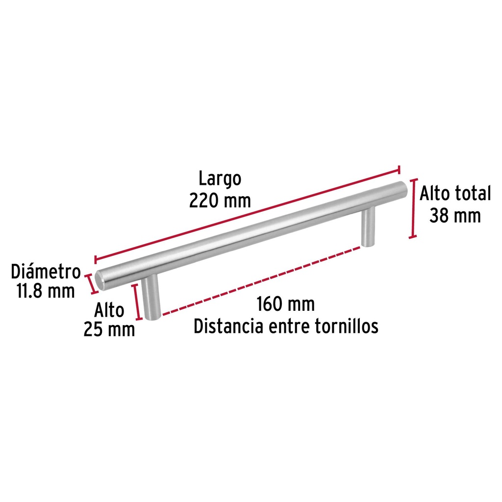 Jaladera de 160mm estilo 'Cilindro' acabado níquel satinado