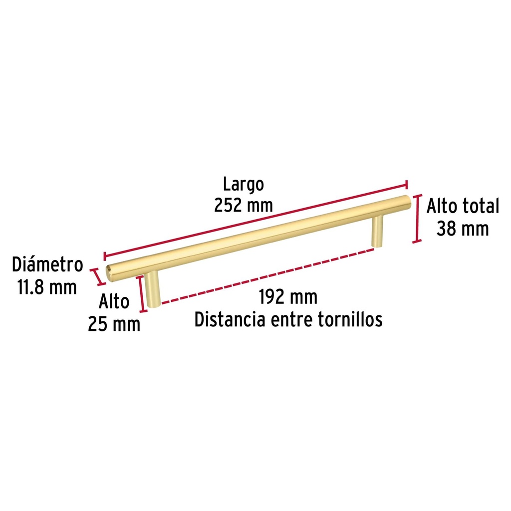 Jaladera de 192mm estilo 'Cilindro' acabado latón brillante