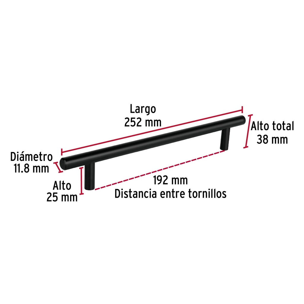 Jaladera de 192mm estilo 'Cilindro' acabado negro, Hermex