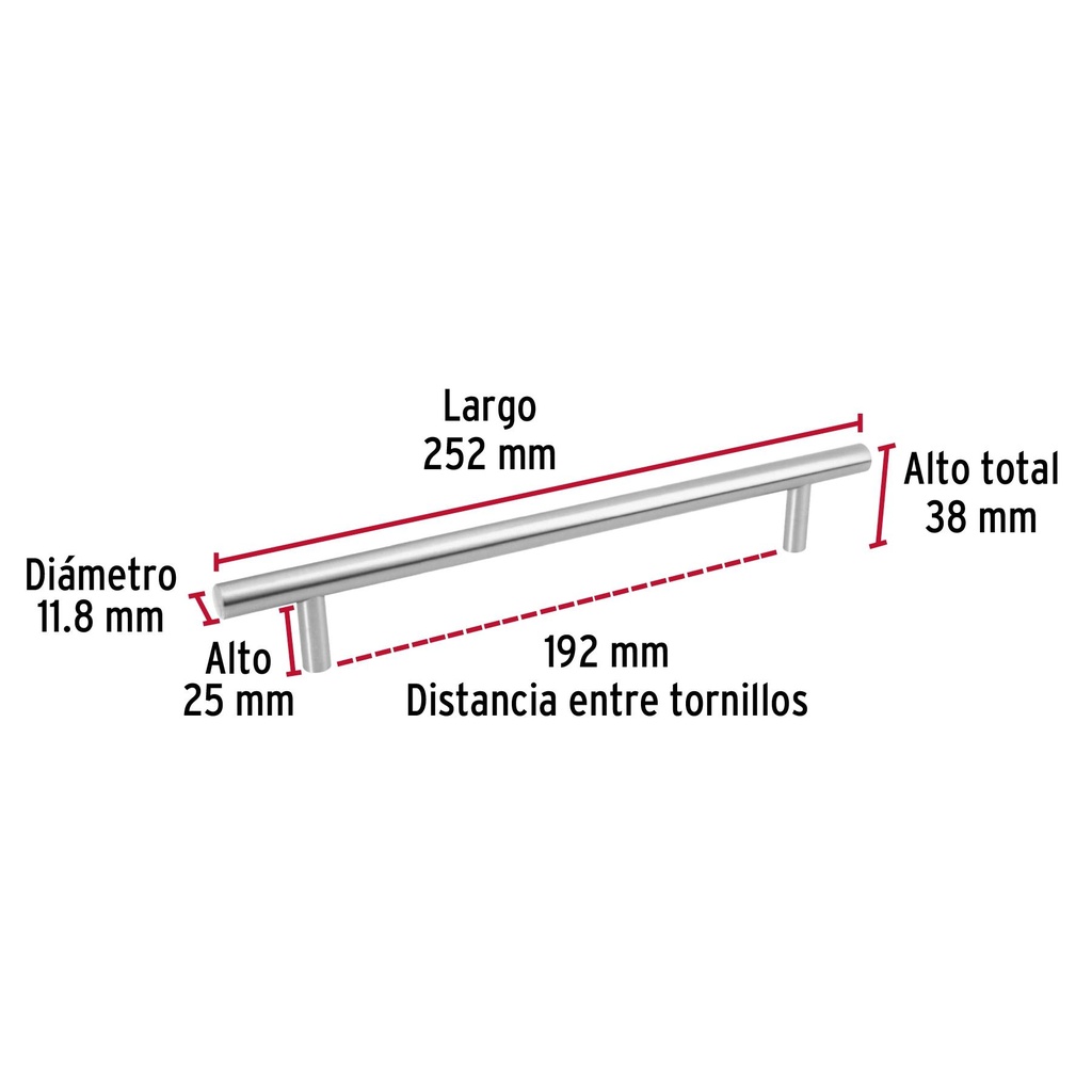 Jaladera de 192mm estilo 'Cilindro' acabado níquel satinado