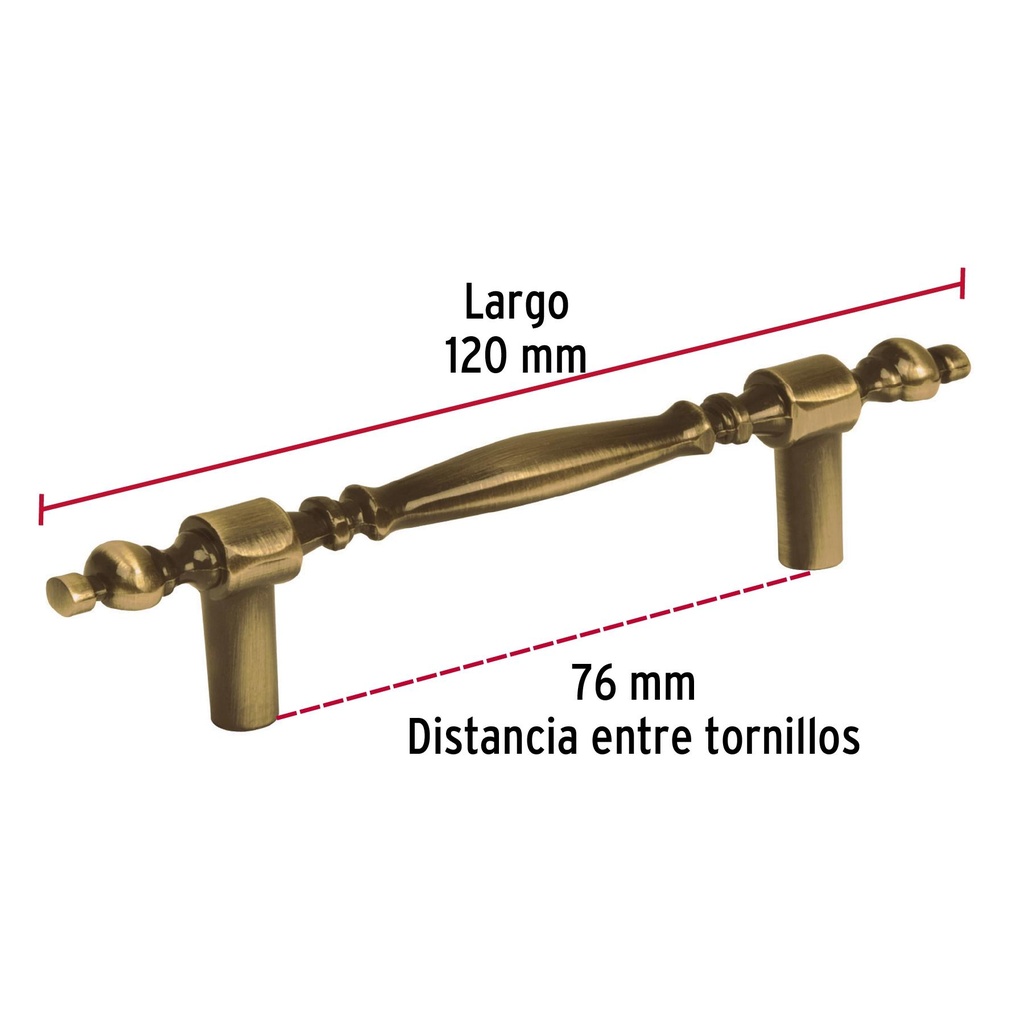 Jaladera de 76 mm estilo 'Colonial' acabado latón antiguo