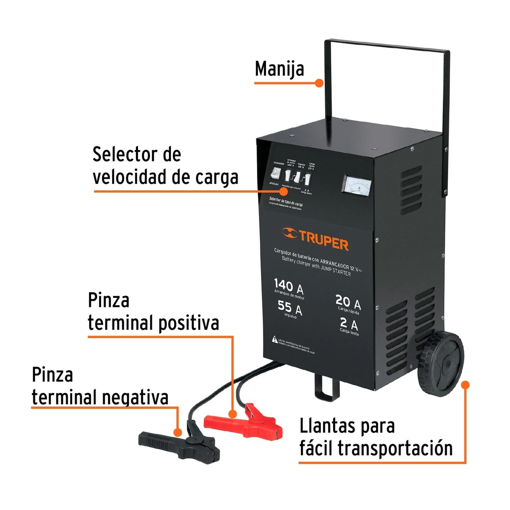 Cargador de 140 A para baterías de 12 V, con ruedas, Truper