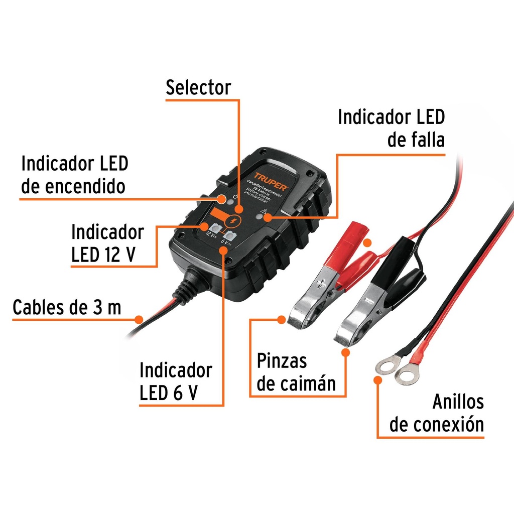 Cargador de 1 A para baterías de 6 y 12V, Truper