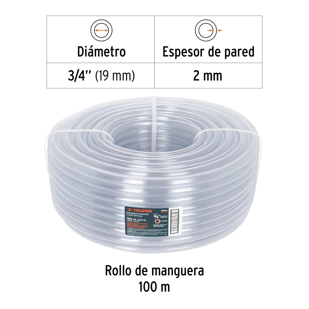 Metro de manguera 3/4' industrial en rollo de 100 m, Truper