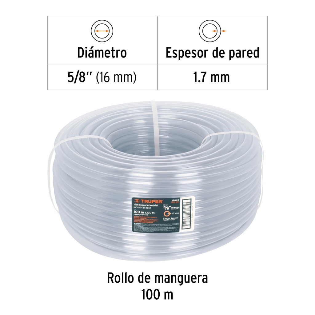 Metro de manguera 5/8' industrial en rollo de 100 m, Truper