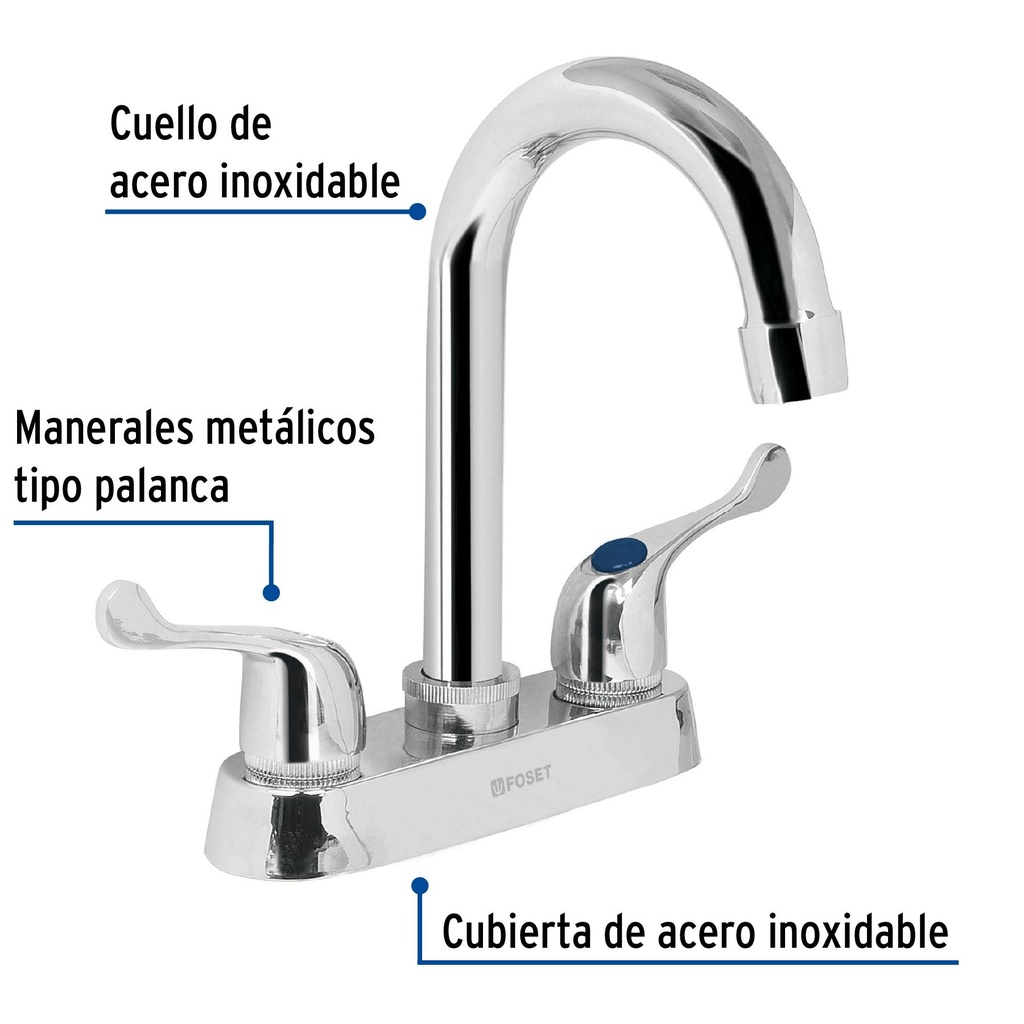 Mezcladora 4' para lavabo, cuello bar, manerales palanca