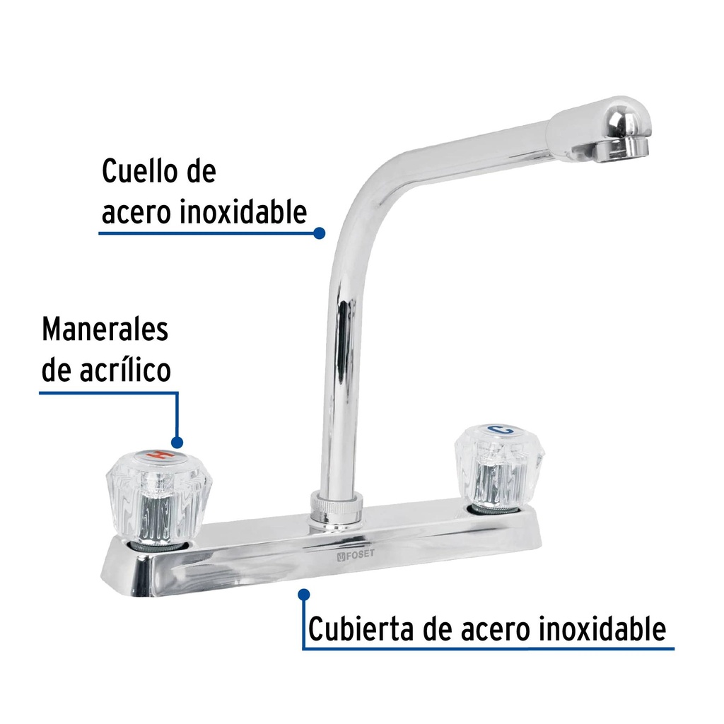 Mezcladora 8' p/fregadero, cuello cobra, manerales acrílico