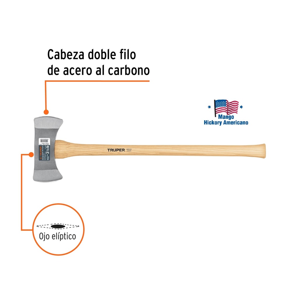 Hacha doble Michigan 3-1/2 lbs, mango de hickory 35', Truper