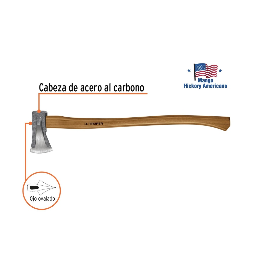 Hacha para rajar madera 2-1/4 lb, mango hickory 28', Truper