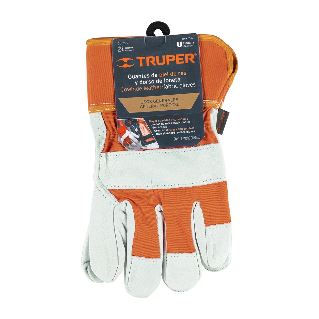 Guantes de piel de res y dorso de loneta, Truper