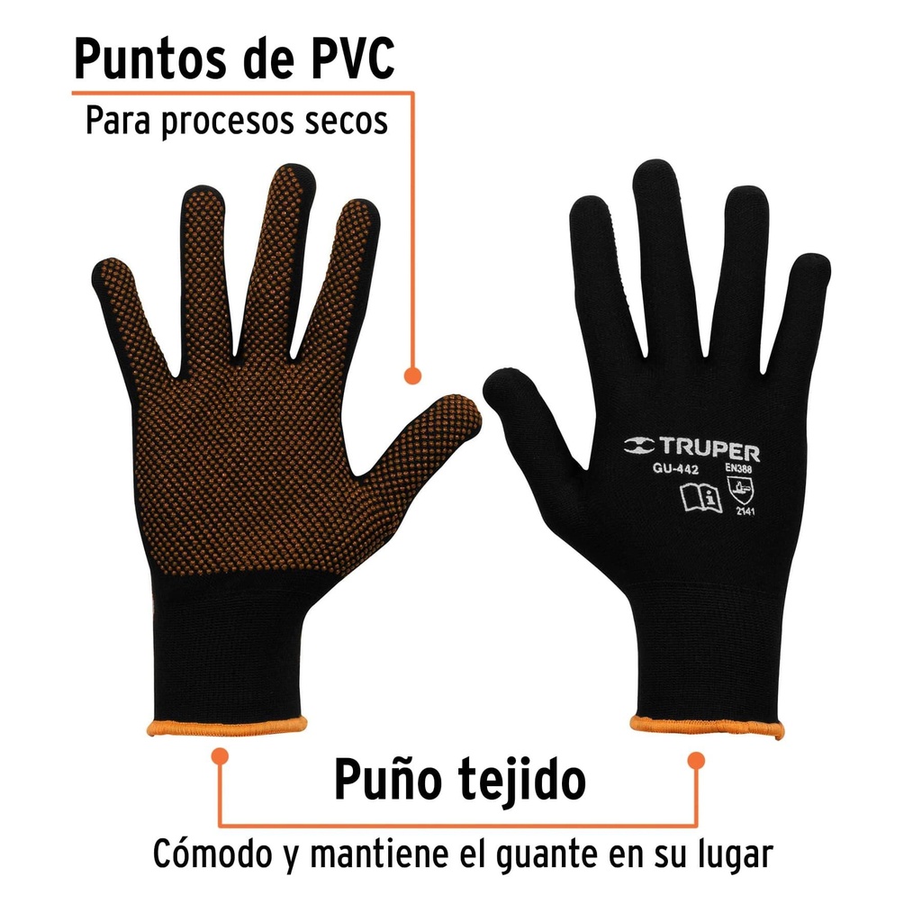 Guantes de poliéster con puntos de PVC en palma, M, Truper