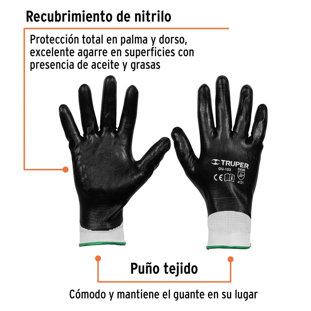 Guantes de poliéster con recubrimiento de nitrilo, G, Truper