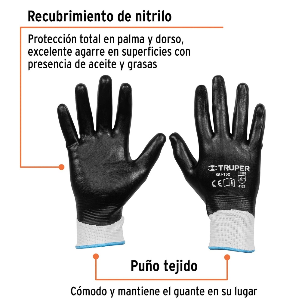 Guantes de poliéster con recubrimiento de nitrilo, M, Truper