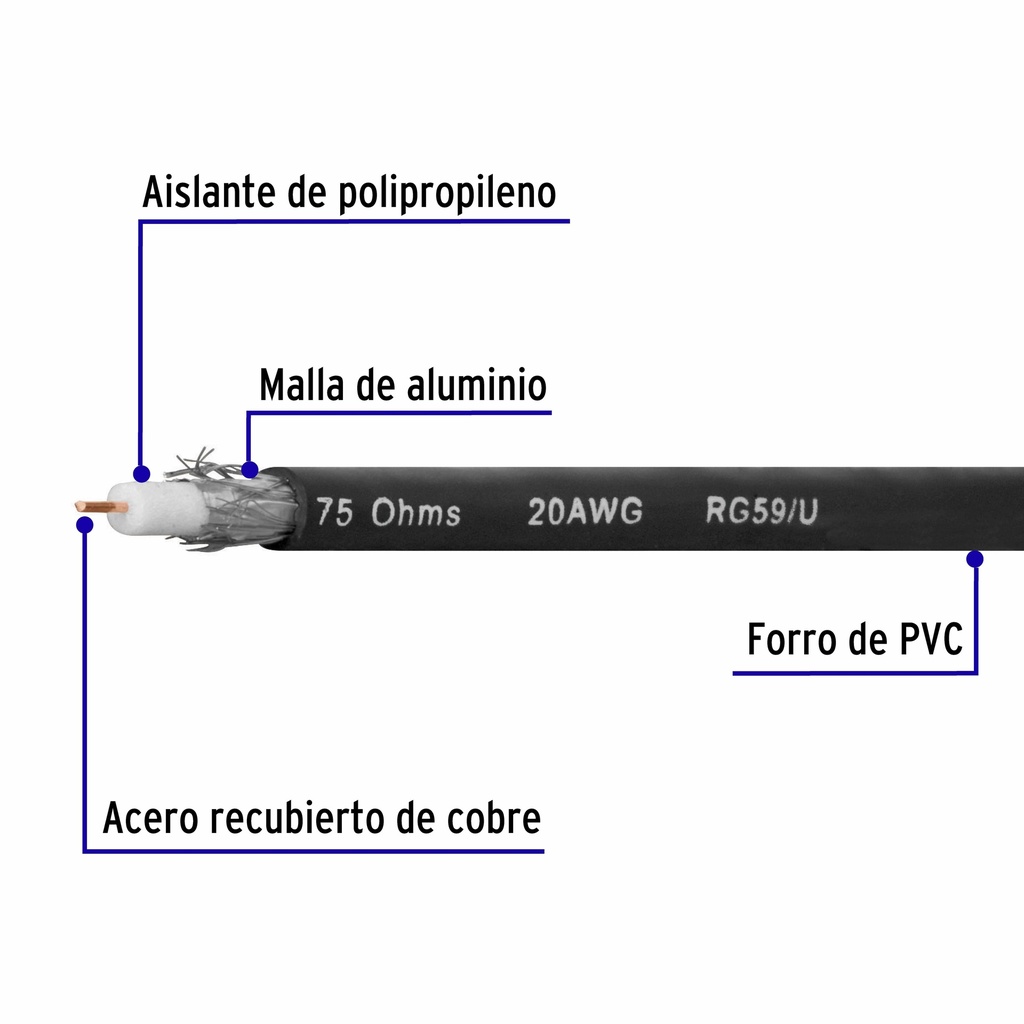 Metro de cable coaxial RG59 en carrete de 300 m, Volteck