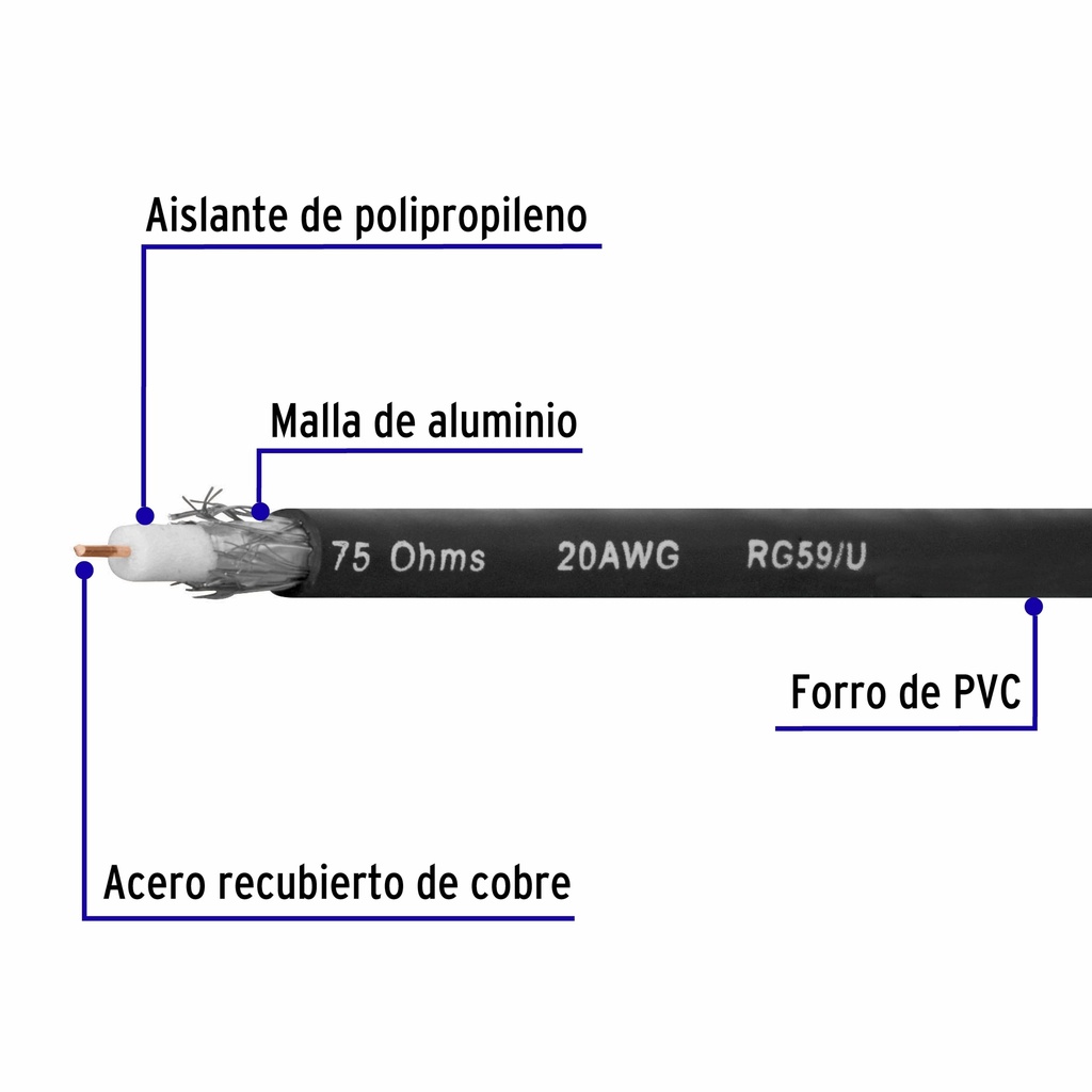 Metro de cable coaxial RG59 en rollo de 100 m, Volteck