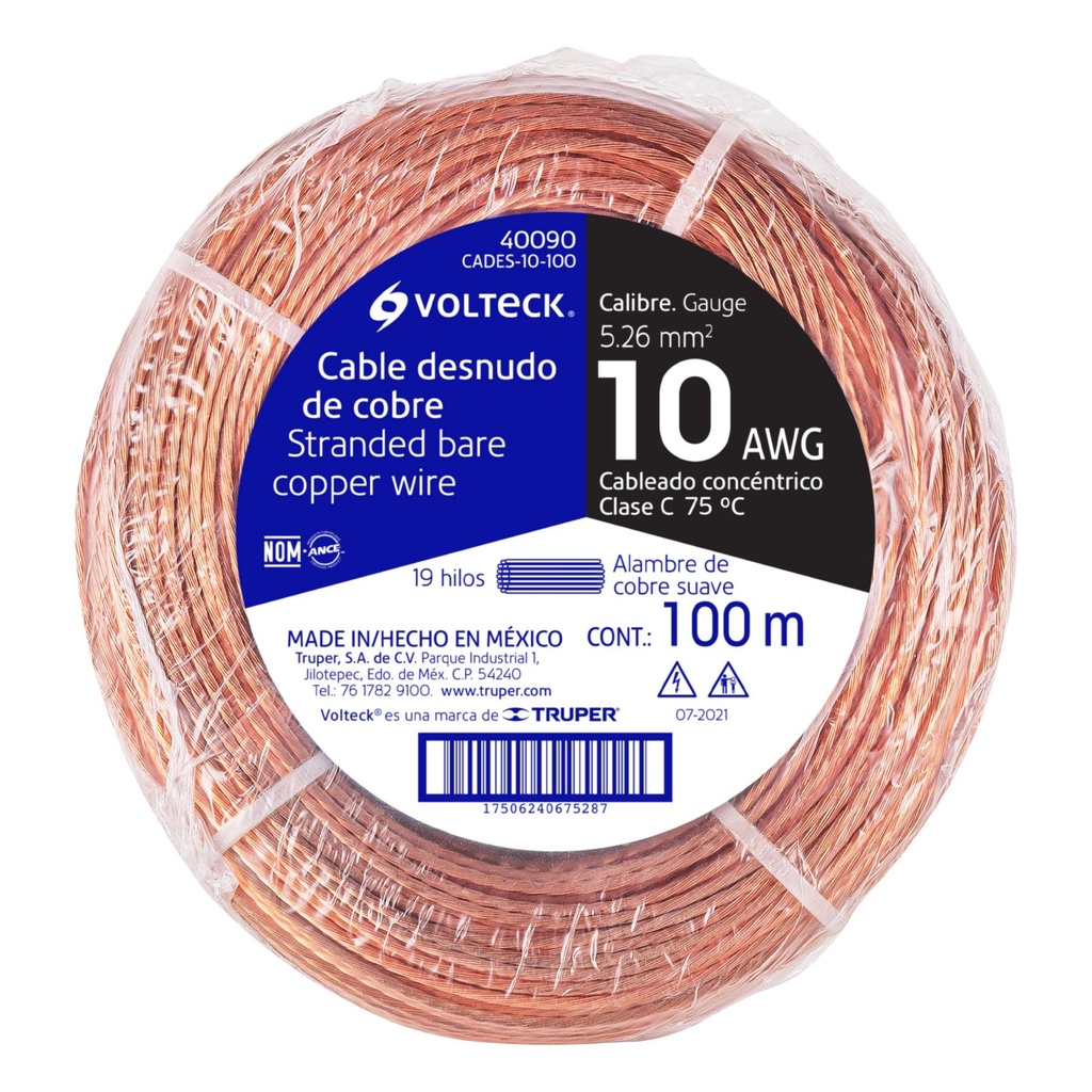 Metro de cable desnudo de cobre calibre 10 AWG, rollo 100 m