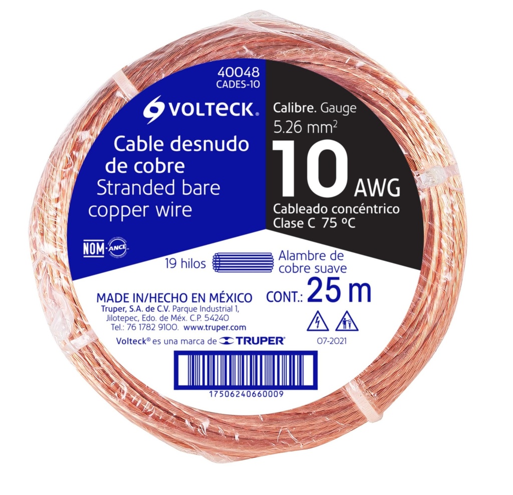 Metro de cable desnudo de cobre calibre 10 AWG, rollo 25 m