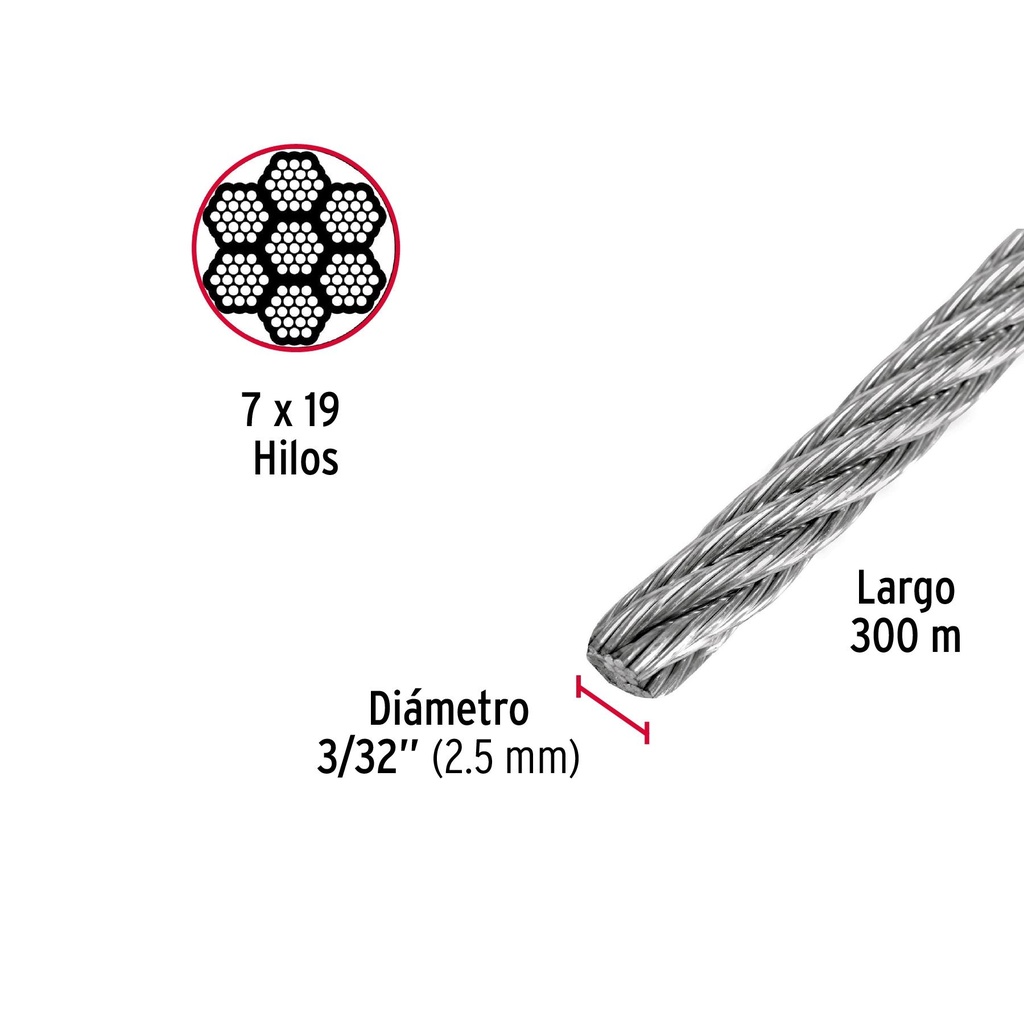 Metro de cable flexible 3/32' de acero 7x19 hilos, 300 m