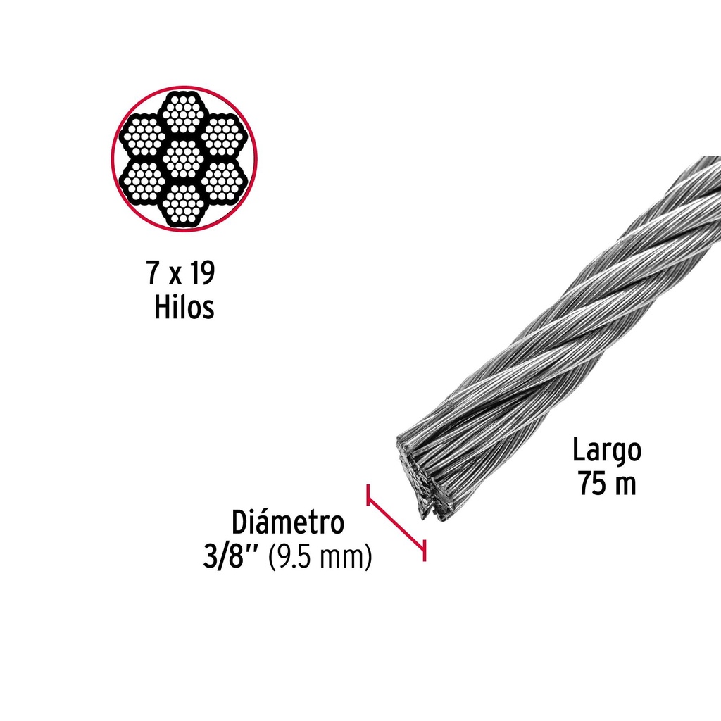 Metro de cable flexible 3/8' de acero 7x19 hilos, 75 m