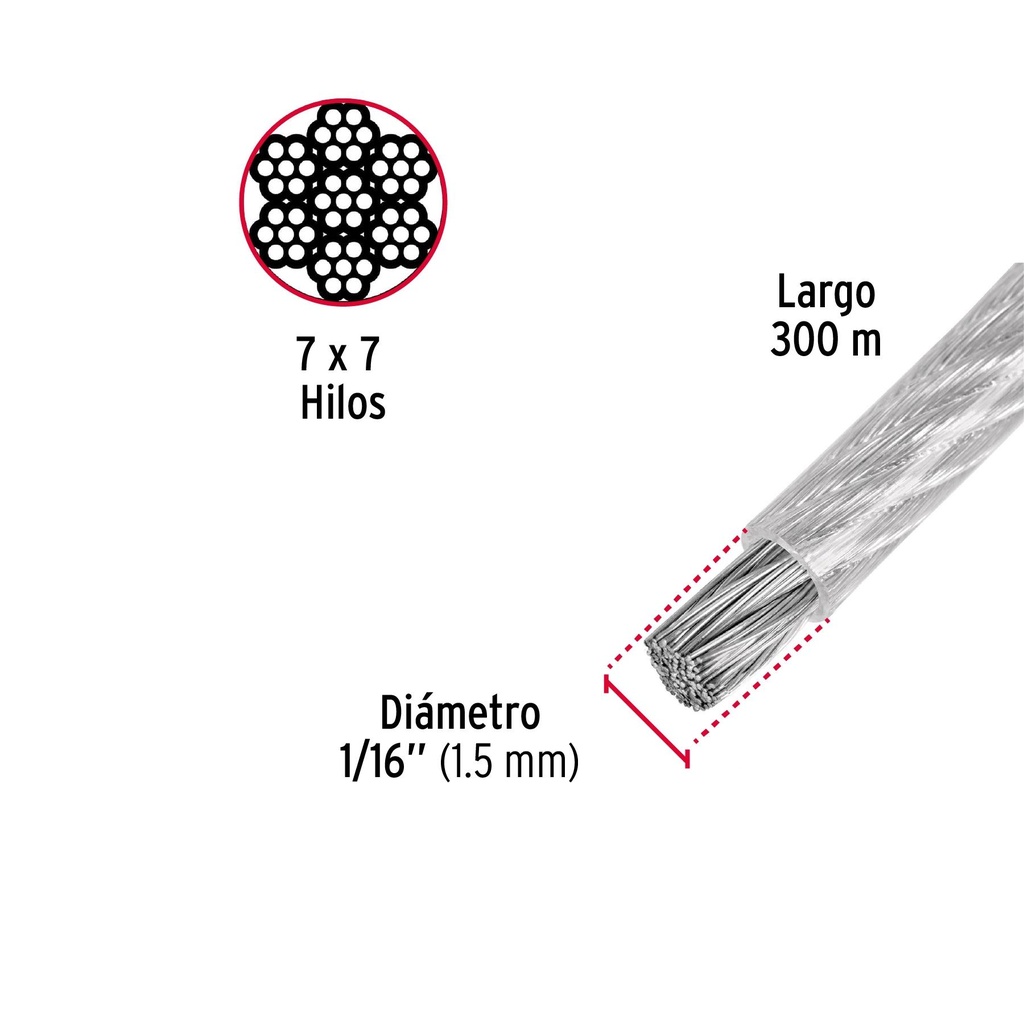 Metro de cable rígido 1/16' acero 7x7 recubierto PVC, 300 m