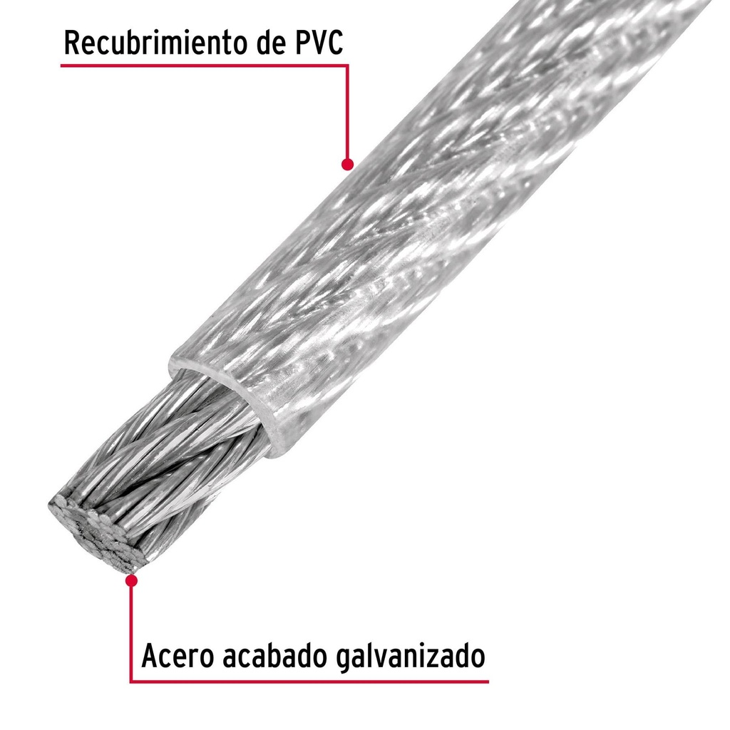 Metro de cable rígido 1/16' acero 7x7 recubierto PVC, 75 m