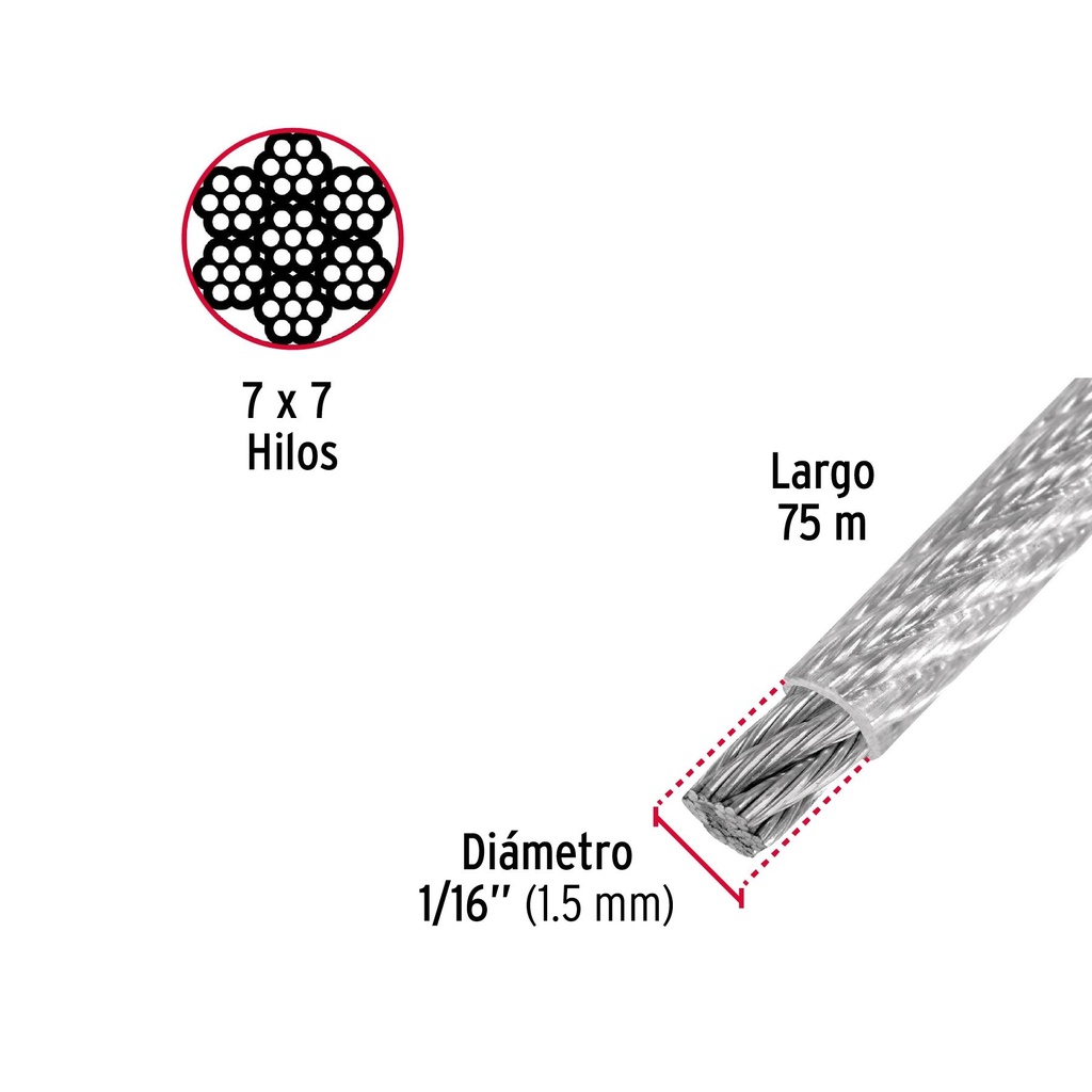 Metro de cable rígido 1/16' acero 7x7 recubierto PVC, 75 m