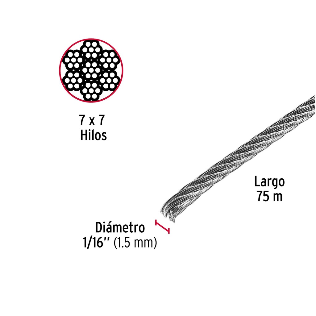 Metro de cable rígido 1/16' de acero 7x7 hilos, 75 m, Fiero