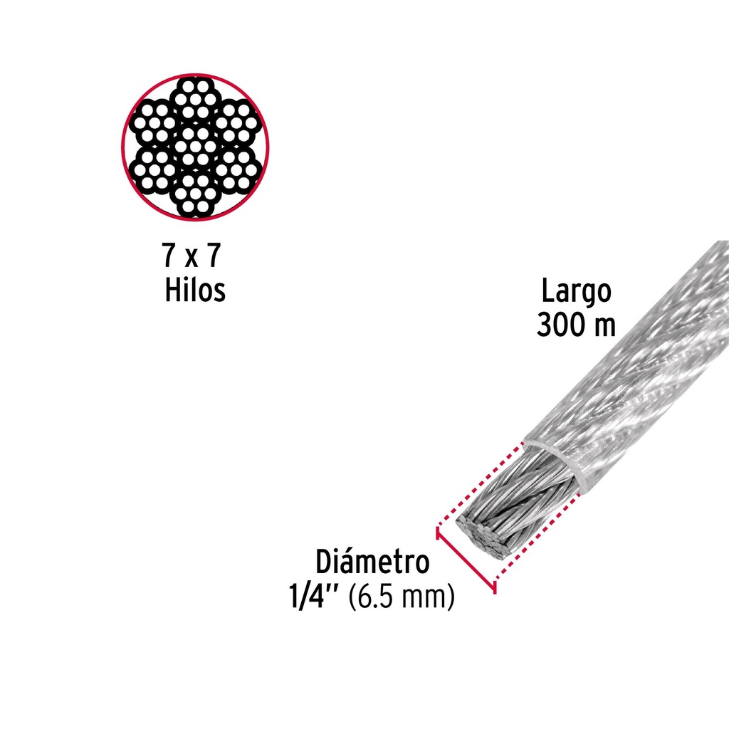 Metro de cable rígido 1/4' acero 7x7 recubierto PVC, 300 m