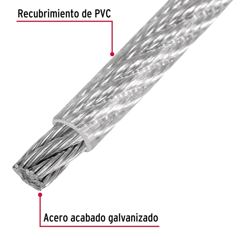 Metro de cable rígido 1/4' acero 7x7 recubierto PVC, 75 m