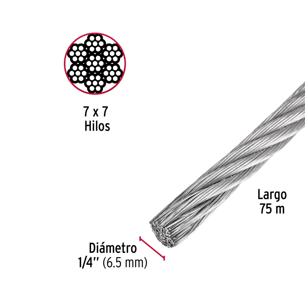 Metro de cable rígido 1/4' de acero 7x7 hilos, 75 m, Fiero