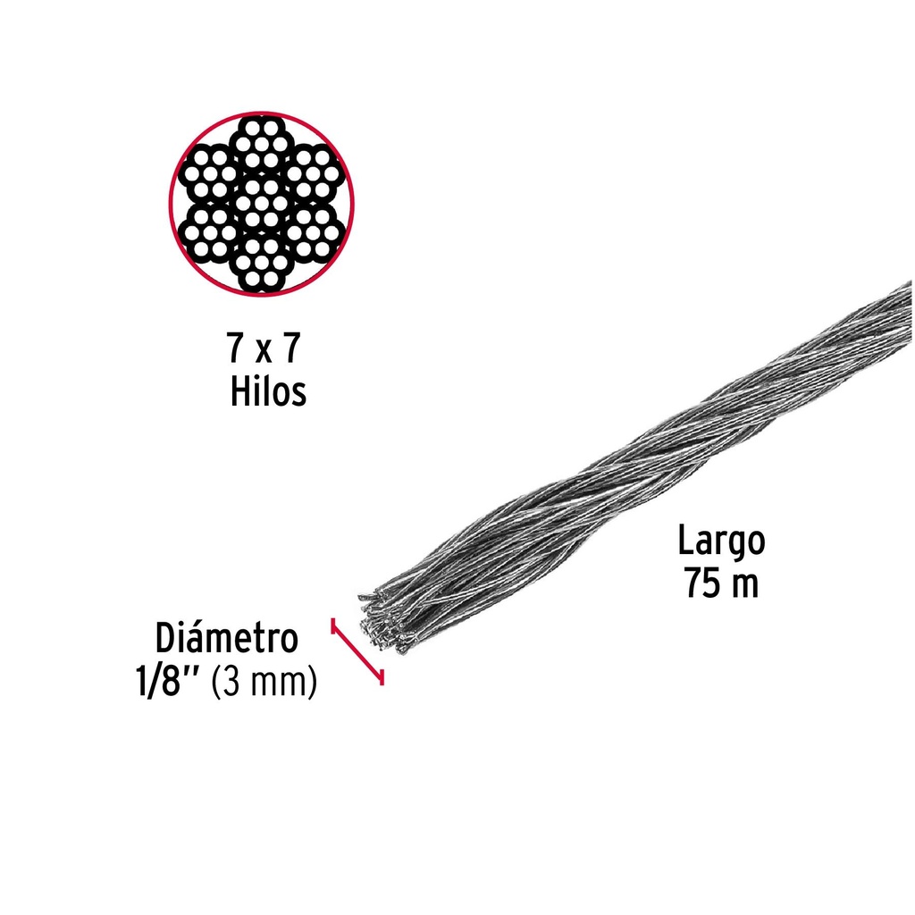 Metro de cable rígido 1/8' de acero 7x7 hilos, 75 m, Fiero