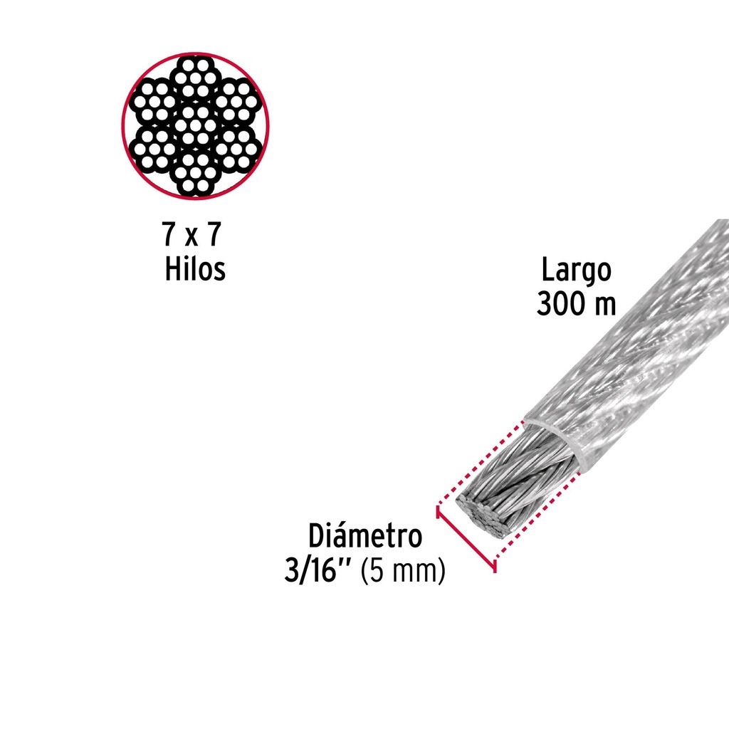 Metro de cable rígido 3/16' acero 7x7 recubierto PVC, 300 m