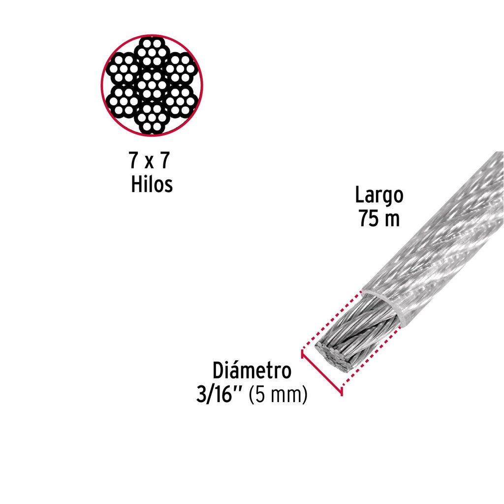 Metro de cable rígido 3/16' acero 7x7 recubierto PVC, 75 m