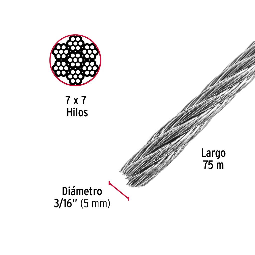 Metro de cable rígido 3/16' de acero 7x7 hilos, 75 m, Fiero