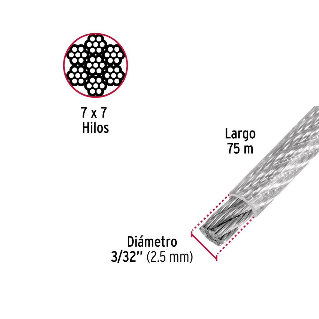 Metro de cable rígido 3/32' acero 7x7 recubierto PVC, 75 m